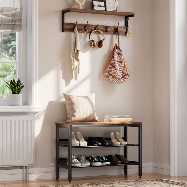 Appendiabiti da parete con 7 Ganci e mensola galleggiante, Scaffale portaoggetti multifunzionale da corridoio marrone rustico da 70 cm, Adatto per il bagno, Cucina e lavanderia