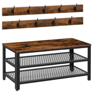 coat rack shoe bench, 39.4" hall tree entryway storage bench, shoe rack organizer with coat hooks, 3-in-1 design, wooden furniture with metal frame, rustic brown and black
