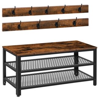 πάγκος παπουτσιών σχάρα για παλτό, 39.4" Hall Tree Entryway Bench, διοργανωτής παπουτσιών με γάντζους παλτών, 3-Σχεδιασμός In-1, Ξύλινα έπιπλα με μεταλλικό πλαίσιο, ρουστίκ καφέ και μαύρο