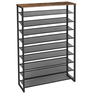 10-Tier Shoe Rack, Large Capacity Shoe Storage Organizer, Holds 36-45 Pairs of Shoes, Metal Frame, Industrial, for Entryway, Hallway, Closet, Dorm Room, Industrial, Rustic Brown