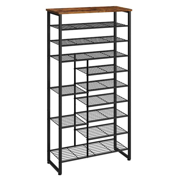 10-Tier Shoe Rack with Detachable Shelves, Large-Capacity Shoe Storage Organizer, Accommodates 27-30 Pairs of Shoes, Suitable for Entryway, Hallway, Dorm Room, Rustic Brown & Black