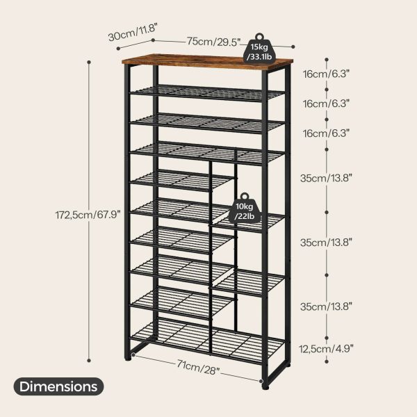 10-Tier Shoe Rack with Detachable Shelves, Large-Capacity Shoe Storage Organizer, Accommodates 27-30 Pairs of Shoes, Suitable for Entryway, Hallway, Dorm Room, Rustic Brown & Black