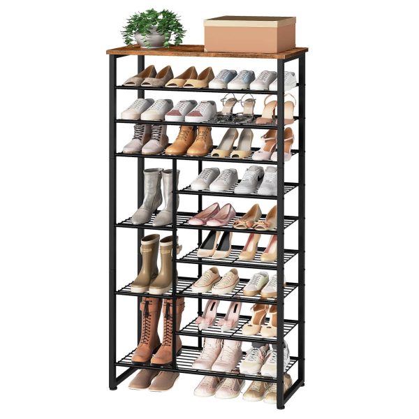 10-Tier Shoe Rack with Detachable Shelves, Large-Capacity Shoe Storage Organizer, Accommodates 27-30 Pairs of Shoes, Suitable for Entryway, Hallway, Dorm Room, Rustic Brown & Black