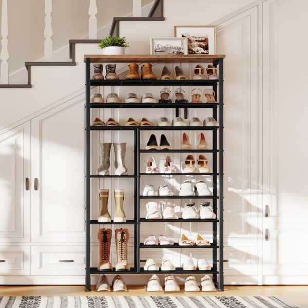 10-Tier Shoe Rack with Detachable Shelves, Large-Capacity Shoe Storage Organizer, Accommodates 27-30 Pairs of Shoes, Suitable for Entryway, Hallway, Dorm Room, Rustic Brown & Black