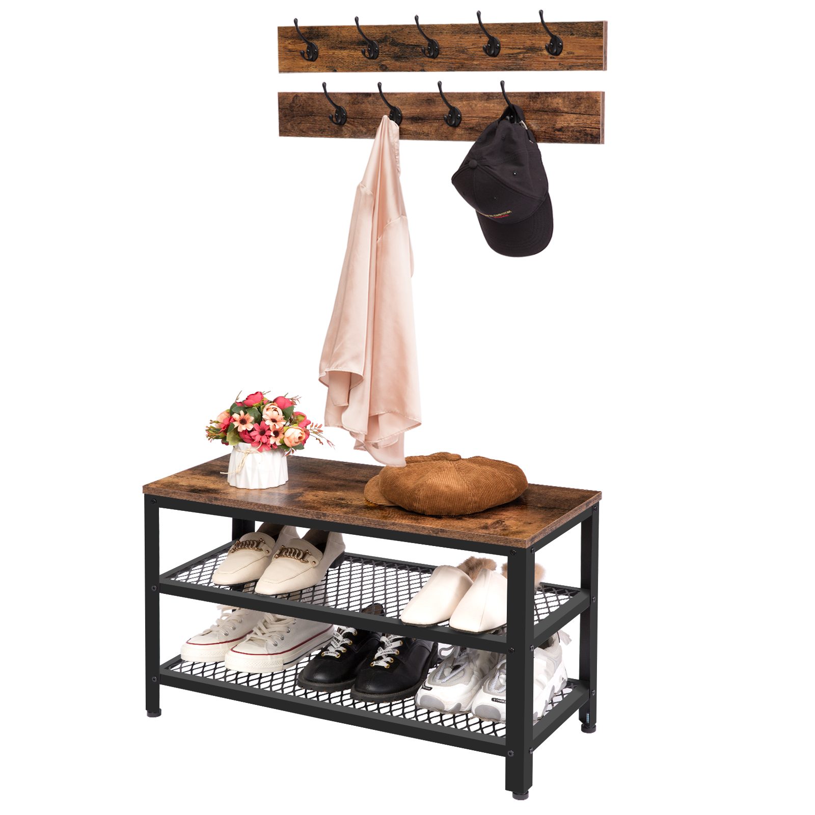 3-in-1 Entryway Hall Tree with Coat Rack and Shoe Bench, أثاث خشبي بإطار معدني, ريفي البني والأسود, Multifunctional Storage Organizer