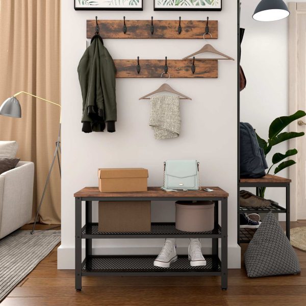 3-Arbre d'entrée en 1 avec porte-manteau et banc à chaussures, Meubles en bois avec structure en métal, Brun rustique et noir, Organisateur de stockage multifonctionnel