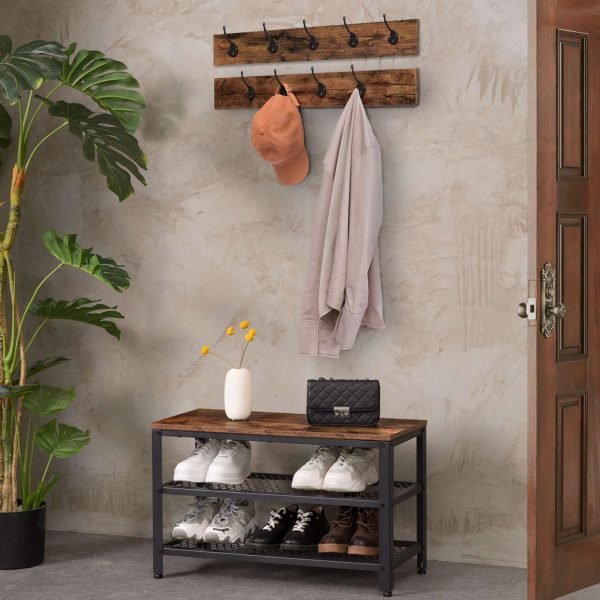 3-Arbre d'entrée en 1 avec porte-manteau et banc à chaussures, Meubles en bois avec structure en métal, Brun rustique et noir, Organisateur de stockage multifonctionnel