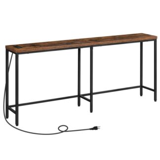 console table with 2 power outlets and 2 usb ports, extra long entryway table with charging station, narrow sofa table behind couch, hallway, living room, rustic brown