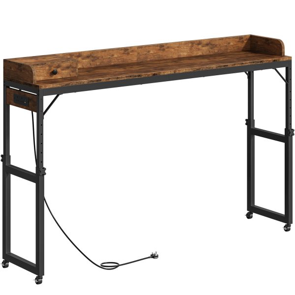 Rustic Brown & Black Mobile Overbed Table with Lockable Wheels, 180cm Height-Adjustable Over Bed Desk Equipped with Charging Station, Suitable for Bedroom, Living Room and Office