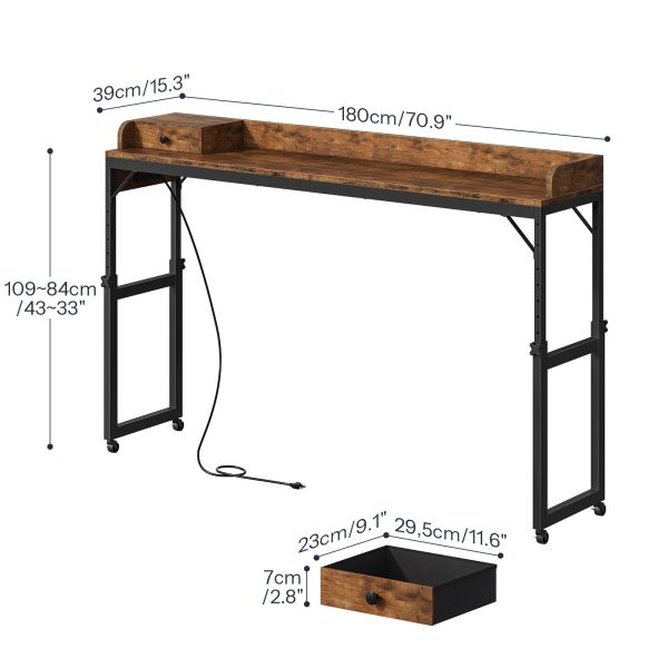 Rustic Brown & Black Mobile Overbed Table with Lockable Wheels, 180cm Height-Adjustable Over Bed Desk Equipped with Charging Station, Suitable for Bedroom, Living Room and Office