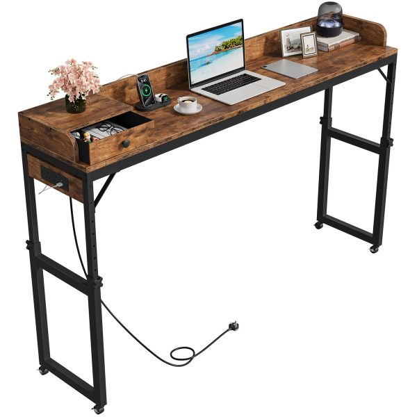 Rustic Brown & Black Mobile Overbed Table with Lockable Wheels, 180cm Height-Adjustable Over Bed Desk Equipped with Charging Station, Suitable for Bedroom, Living Room and Office