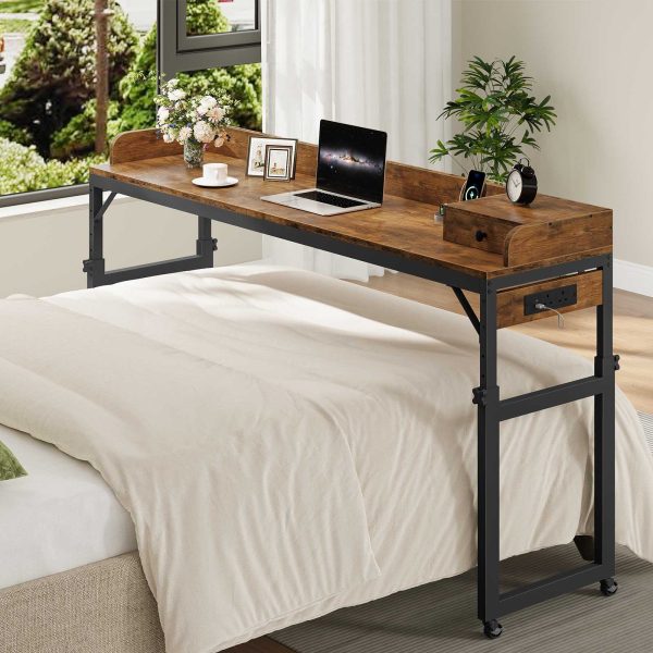 Rustic Brown & Black Mobile Overbed Table with Lockable Wheels, 180cm Height-Adjustable Over Bed Desk Equipped with Charging Station, Suitable for Bedroom, Living Room and Office