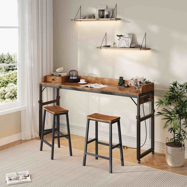 Rustic Brown & Black Mobile Overbed Table with Lockable Wheels, 180cm Height-Adjustable Over Bed Desk Equipped with Charging Station, Suitable for Bedroom, Living Room and Office