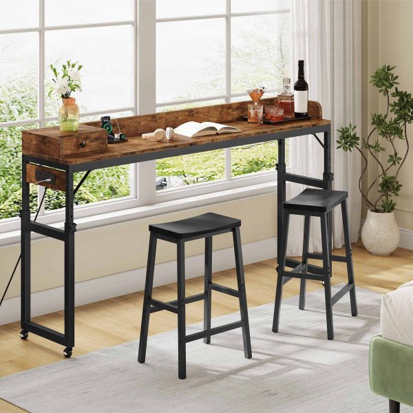 Rustic Brown & Black Mobile Overbed Table with Lockable Wheels, 180cm Height-Adjustable Over Bed Desk Equipped with Charging Station, Suitable for Bedroom, Living Room and Office