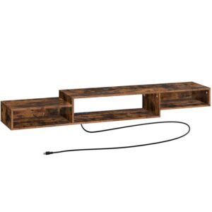 floating tv stand, 71" floating tv shelf with power outlet, wall mounted tv stand with storage for living room bedroom entertainment center, rustic brown
