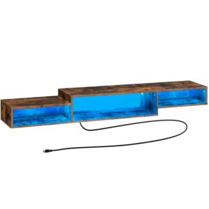 floating tv stand wall mounted tv stand with power outlet, 71" floating tv shelf with led, media console stand entertainment shelf with storage for living room bedroom, rustic brown