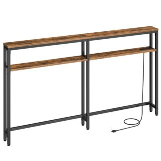 180 cm Narrow Console Table, 2 Tier Console Table with Charging Station, Sofa Table with 2 Outlets and 2 USB Ports, Shelf Adjustable, for Entryway, Living Room, Foyer, Rustic Brown