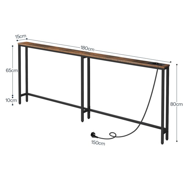 15cm Slanke consoletafel met laadstation, 180cm Smalle salontafel met stopcontacten, Lange tafel achter de bank, Slanke entreetafel voor hal en woonkamer, Rustiek bruin