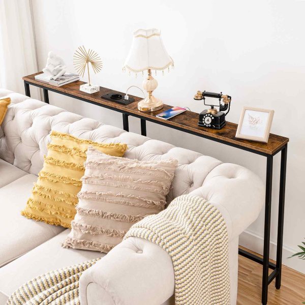 15cm Slanke consoletafel met laadstation, 180cm Smalle salontafel met stopcontacten, Lange tafel achter de bank, Slanke entreetafel voor hal en woonkamer, Rustiek bruin