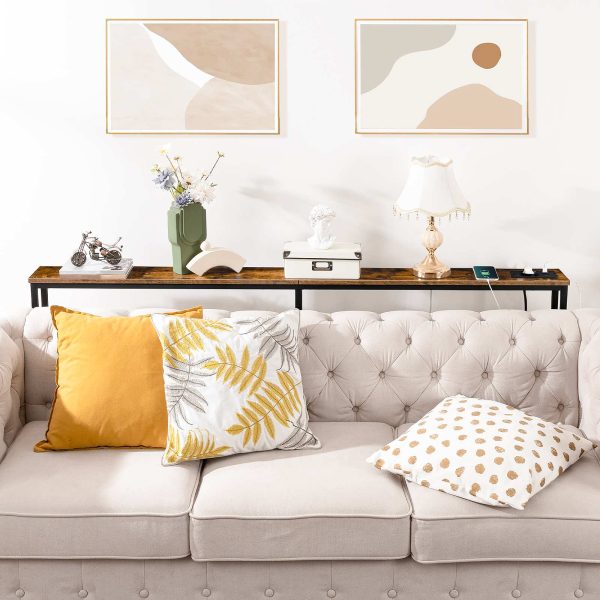 15cm Slanke consoletafel met laadstation, 180cm Smalle salontafel met stopcontacten, Lange tafel achter de bank, Slanke entreetafel voor hal en woonkamer, Rustiek bruin