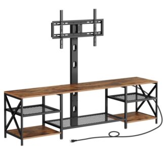 tv stand with mount and power outlet 70.9", entertainment center with swivel tv mount for tvs up to 65", TV -jalustan kiinnitys olohuoneen säilytyshyllyillä, makuuhuone, maalaismainen ruskea