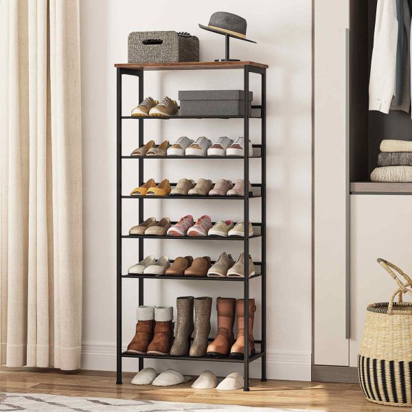 8-رف أحذية ذو سعة كبيرة, منظم تخزين معدني ثابت مع مسطح قابل للتعديل & رفوف مائلة, يستوعب 21-28 أزواج من الأحذية, تصميم لتوفير الفضاء