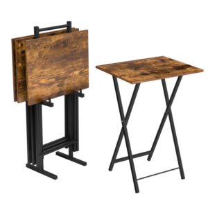 set of 4 tv trays, folding tv tables with storage stand, portable sofaside table, industrial laptop table for small space for eating or working in living room bedroom, rustic brown