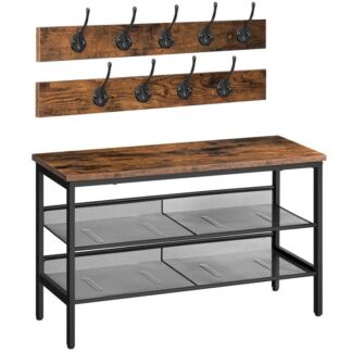 مقعد رف الأحذية, شجرة القاعة, 3-رف أحذية الطبقة مع أرفف شبكية قابلة للتعديل, مقعد تخزين المدخل مع خطافات معطف, 3-تصميم في 1, مدخل, غرفة الجلوس, ريفي البني والأسود