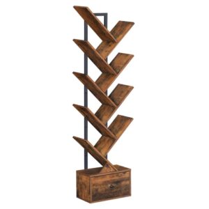 bookcase with drawer, standing shelf with 9 levels, tree shaped bookcase, dvd shelf, freestanding book tower for living room, bedroom, home office, vintage brown