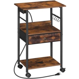 Soporte para impresora con estación de carga, Mesa para impresora con almacenamiento, Estante para impresora con cajón de tela y ganchos en forma de S, 3-Soporte para impresora por niveles con ruedas, para oficina en casa, Marrón rústico y negro