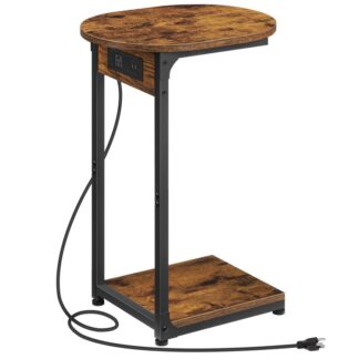 Sivutaulukon C muotoinen päätypöytä latausasemalla, Pyöreä sohvapöytä, Liu'uta sohvapöydän alla, metallikehys pienille tiloille, Olohuone ja makuuhuone, Maalaismainen ruskea ja musta