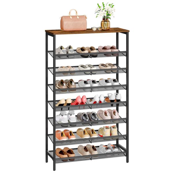 8-Tasoinen suuren kapasiteetin kenkäteline, Vakaa metallinen säilytysjärjestelmä säädettävällä litteällä & Viistot hyllyt, Pitää 21-28 Paria kenkiä, Tilaa säästävä muotoilu