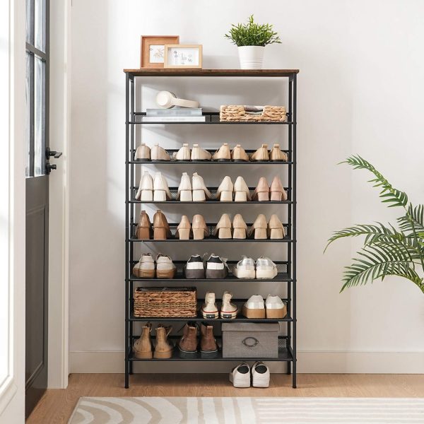 8-Tasoinen suuren kapasiteetin kenkäteline, Vakaa metallinen säilytysjärjestelmä säädettävällä litteällä & Viistot hyllyt, Pitää 21-28 Paria kenkiä, Tilaa säästävä muotoilu