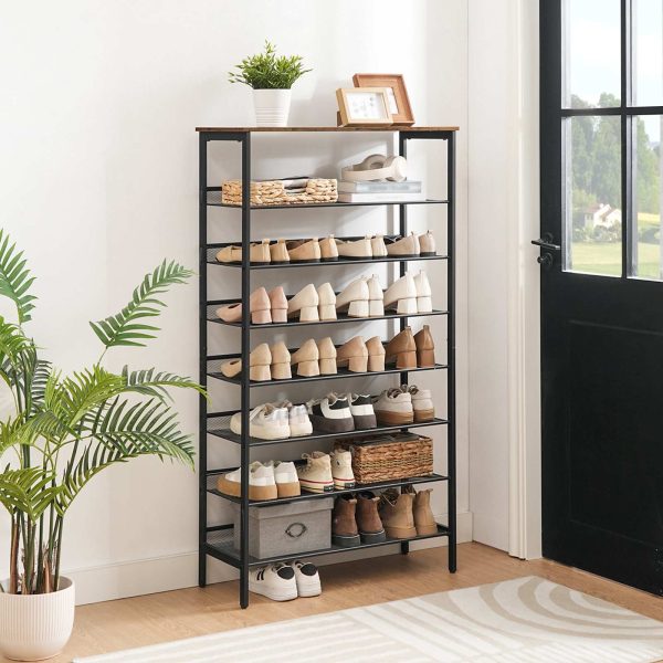 8-Tasoinen suuren kapasiteetin kenkäteline, Vakaa metallinen säilytysjärjestelmä säädettävällä litteällä & Viistot hyllyt, Pitää 21-28 Paria kenkiä, Tilaa säästävä muotoilu