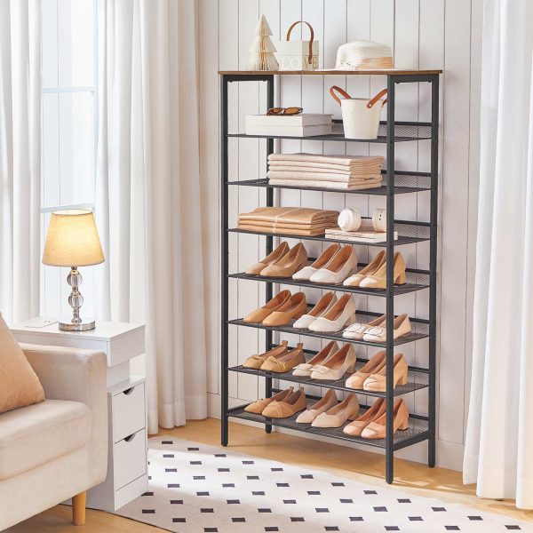 8-Tasoinen suuren kapasiteetin kenkäteline, Vakaa metallinen säilytysjärjestelmä säädettävällä litteällä & Viistot hyllyt, Pitää 21-28 Paria kenkiä, Tilaa säästävä muotoilu