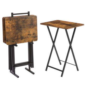 صواني التلفاز, مجموعة من 4 طاولات تلفزيون مع رف تخزين, طاولة الوجبات الخفيفة الصناعية لتناول الطعام على الأريكة, طاولة صينية قابلة للطي للمساحة الصغيرة, سهولة التخزين والتجميع, ريفي براون