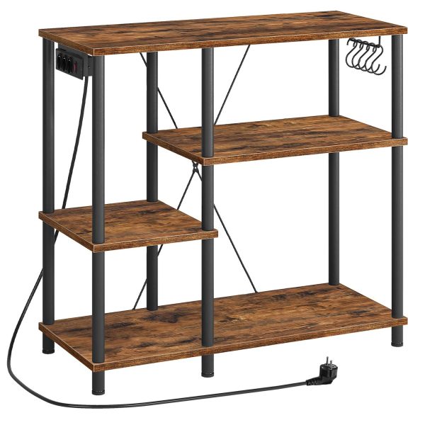 Plug-in Kitchen Shelf, Microwave Storage Unit with 5 S-Hooks, Rustic Brown & Black Multifunctional Coffee Bar Organizer for Kitchen and Living Room