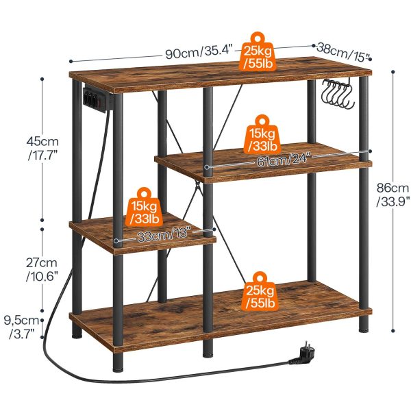 Plug-in Kitchen Shelf, Microwave Storage Unit with 5 S-Hooks, Rustic Brown & Black Multifunctional Coffee Bar Organizer for Kitchen and Living Room