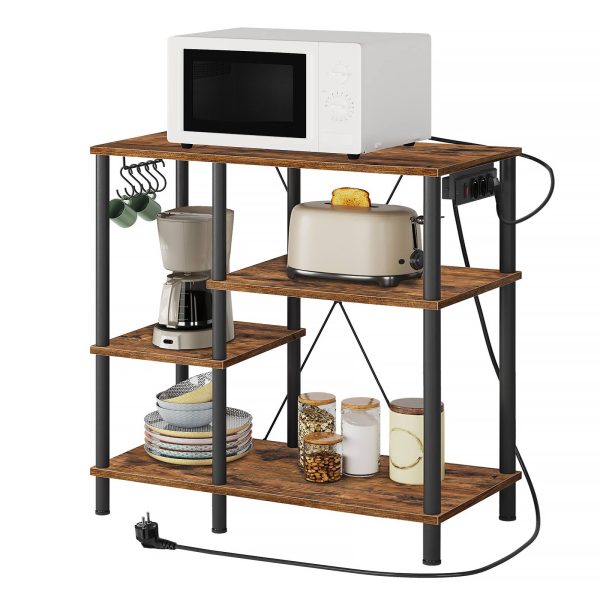 Plug-in Kitchen Shelf, Microwave Storage Unit with 5 S-Hooks, Rustic Brown & Black Multifunctional Coffee Bar Organizer for Kitchen and Living Room