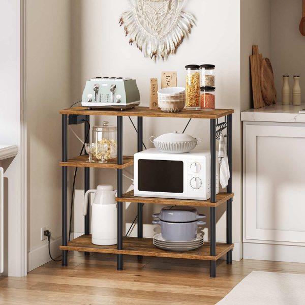 Plug-in Kitchen Shelf, Microwave Storage Unit with 5 S-Hooks, Rustic Brown & Black Multifunctional Coffee Bar Organizer for Kitchen and Living Room