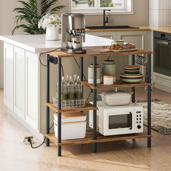 Plug-in Kitchen Shelf, Microwave Storage Unit with 5 S-Hooks, Rustic Brown & Black Multifunctional Coffee Bar Organizer for Kitchen and Living Room