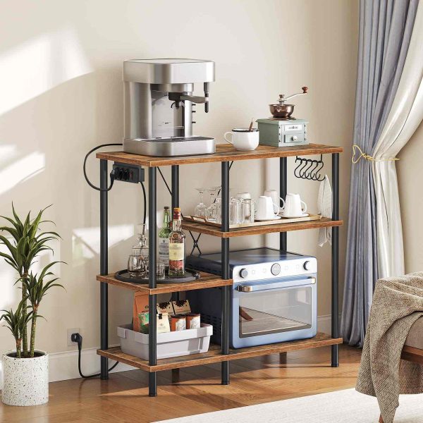 Plug-in Kitchen Shelf, Microwave Storage Unit with 5 S-Hooks, Rustic Brown & Black Multifunctional Coffee Bar Organizer for Kitchen and Living Room