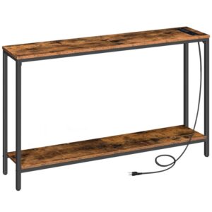 narrow console table with charging station, 47.2" sofa entry table with 2 ac outlets & 2 usb ports, industrial farmhouse style accent hallway table for living room, rustic brown