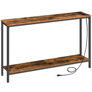 console table with power outlets and usb ports, narrow entryway table with charging station, sofa table behind couch, for entryway, hallway, foyer, rustic brown