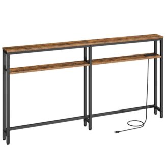 Keskeny kanapéasztal kimenettel, 78.7" Kanapéasztal mögött, Sovány folyosóasztal, Állítható polc, Bejárati asztal töltőállomással, Rusztikus barna és fekete