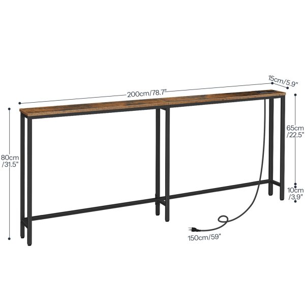 78.7 Inch Narrow Console Table with Integrated Charging Station, 5.9-Inch Depth Sofa Table Equipped with 2 Power Outlets and USB Ports, Long Entryway Table for Hallway, Living Room, Rustic Brown Finish