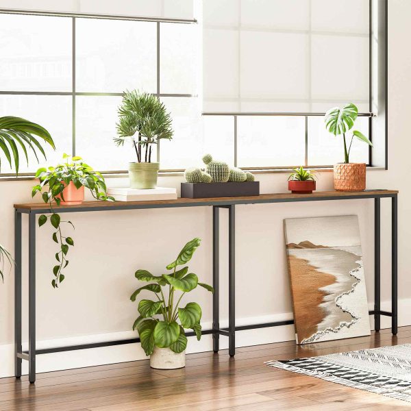 78.7 Inch Narrow Console Table with Integrated Charging Station, 5.9-Inch Depth Sofa Table Equipped with 2 Power Outlets and USB Ports, Long Entryway Table for Hallway, Living Room, Rustic Brown Finish