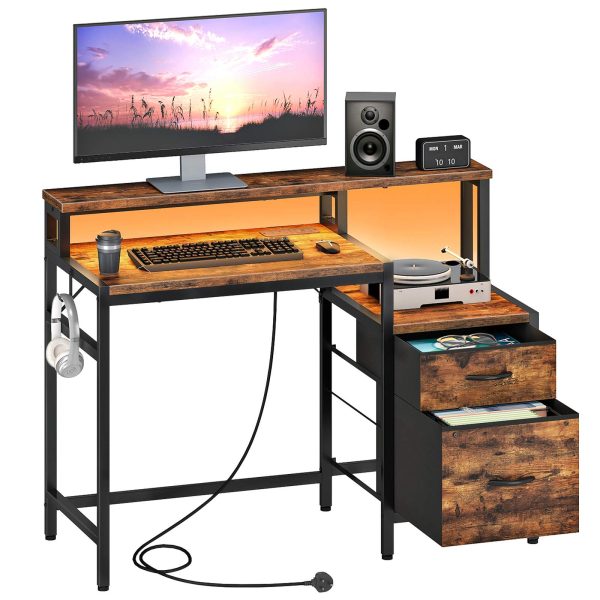 120cm Industrial Rustic Brown & Black Computer Desk with Fabric Drawers, Integrated Power Outlet & LED Lighting, Ergonomic Office Desk with Monitor Stand for Home Office, Study & Living Room