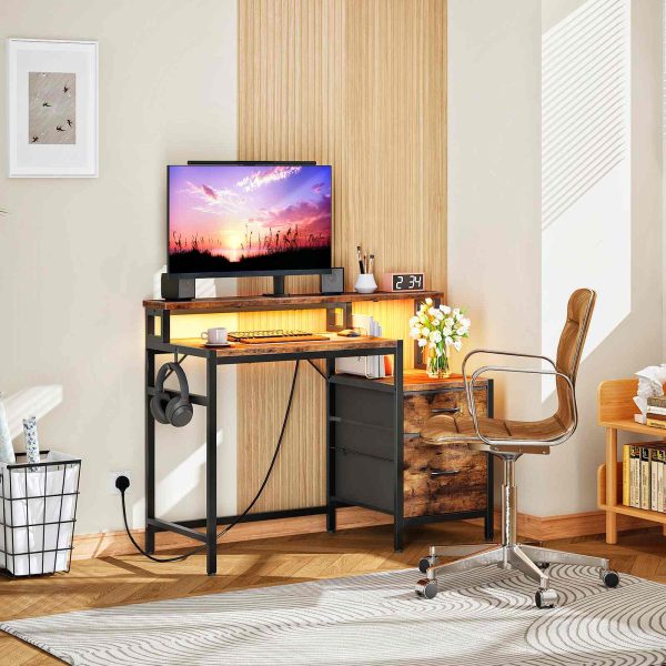 120cm Industrial Rustic Brown & Black Computer Desk with Fabric Drawers, Integrated Power Outlet & LED Lighting, Ergonomic Office Desk with Monitor Stand for Home Office, Study & Living Room