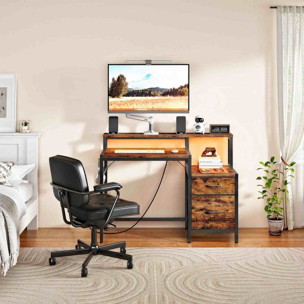 120cm Industrial Rustic Brown & Black Computer Desk with Fabric Drawers, Integrated Power Outlet & LED Lighting, Ergonomic Office Desk with Monitor Stand for Home Office, Study & Living Room